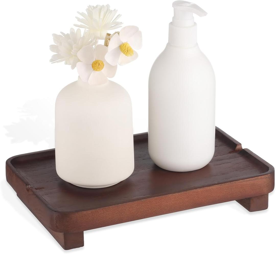 Wood Riser Small Decorative Tray Sink Soap Dish, Vanity Tray Pedestal Stand 9 x 5.9 inches (Dark Brown)