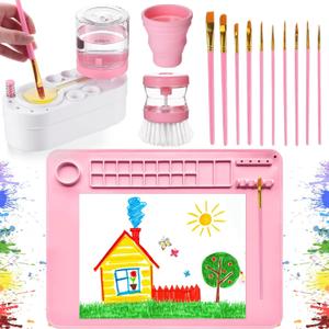 Painting Station Paint Brush Cleaner 20X16in Silicone Paintings Mat with Cup and Paint Holder 10 Paintings Brushes Children's Painting Set Art Supplies for Kids Birthday Gifts DIY Creations (Pink)