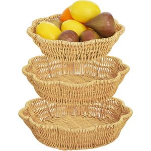 Jucoan 3 Pack Poly Wicker Bread Baskets, Imitation Rattan Fruit Baskets, Hand Woven Round Scalloped Tabletop Food Serving Basket Tray for Fruits, Vegetables and Snacks, Home Kitchen Bakery