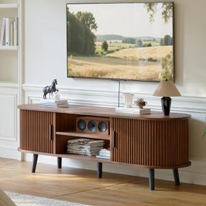 ChooChoo Mid Century Modern TV Stand for TVs up to 60 Inch, Entertainment Center with Fluted Sliding Doors and Hidden Storage, TV Console with Adjustable Shelf for Living Room, Bedroom, Walnut