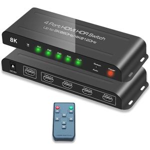 SkycropHD HDMI 2.1 Switch 8K@60Hz 4K@120Hz 4 in 1 Out HDMI Auto Switcher with Remote Support 48Gbps, HDR10+, HDCP2.3, Dolby Vision/Atmos and CEC