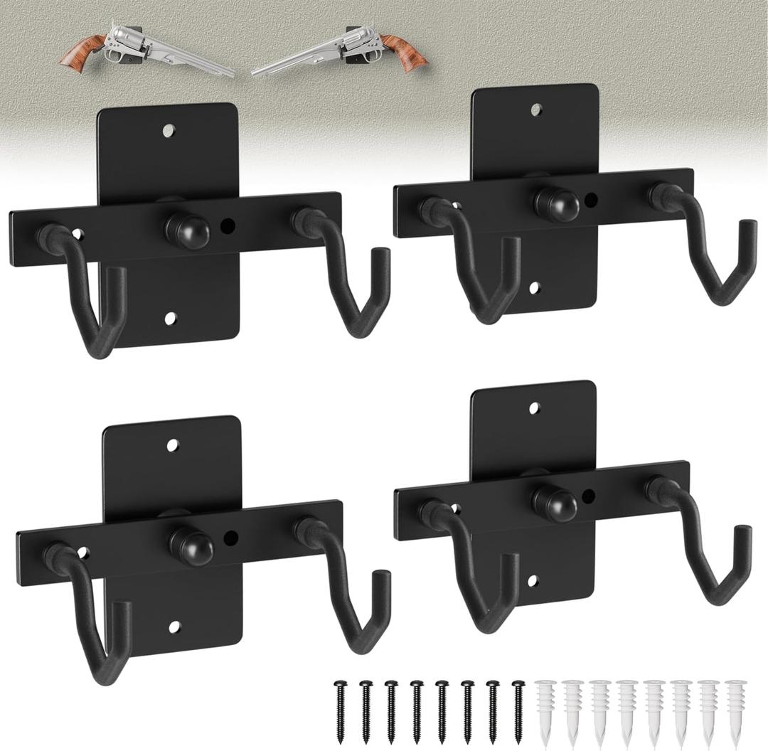 Pistol Wall Mount Rack - Adjustable Handgun Display Holder Fits Most Pistol and Revolver, Rubber-Wraped Wall Mount Pistol Holder, Pistol Display Rack, Display Wall Mount, Revolver Stand (4 Pcs)