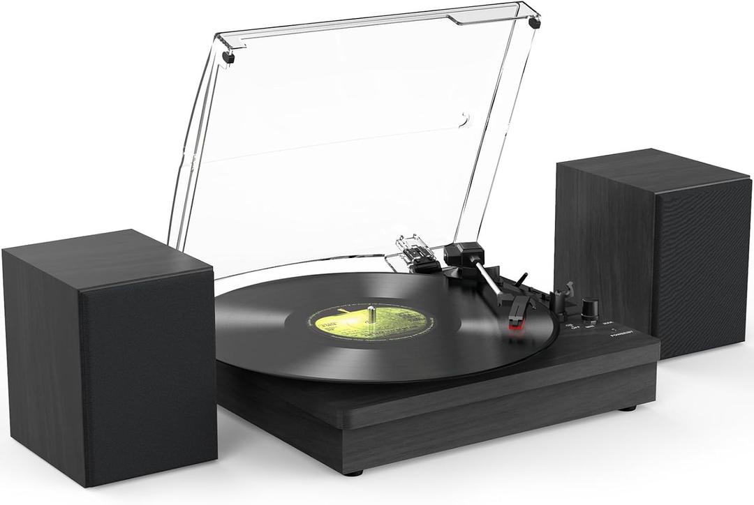 Vinyl Record Player with Two Stereo Speakers, Bluetooth Playback Turntable with 3 Speed AUX Headphone Input and RCA Out, Retro Black
