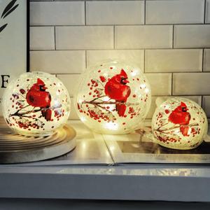 Crackle Glass Ball Cardinal Lamp with Timer, Battery Operated Red Bird Stained Christmas Decor Accent Sphere Lamp, Light Up Globe Glass Table Lamp, Mother's Day Gifts, Led Orb Cardinal Night Light