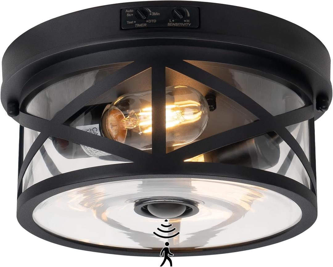 Motion Sensor Outdoor Ceiling Light, Adjustable Black Flush Mount Light Fixture, 2-Light Porch Lights Outdoor, Clear Glass Industrial Exterior Ceiling Lights for Patio, Garage, Entryway, Farmhouse