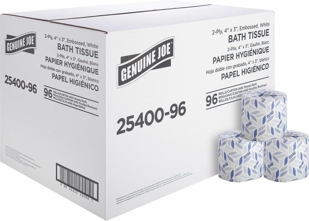Genuine Joe Standard Bath Tissue, 3" x 4", 2-Ply, 400 Sheets/Roll, 96 Count