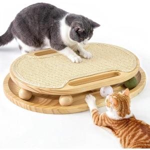 ZOMISIA Cat Scratcher with Ball Track Toy, Sisal Scratch Pad for Indoor Adult Cats, Wooden Interactive Cat Puzzle Toys for Kitten Mental Stimulation Self Play Home Enrichment