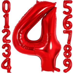 Red Number 4 Balloon 40 Inch, Big Large Foil Helium Number Balloons, Jumbo Giant Mylar Number 4 Balloons for 4 Year Old Birthday Red Party Decorations Supplies Anniversary