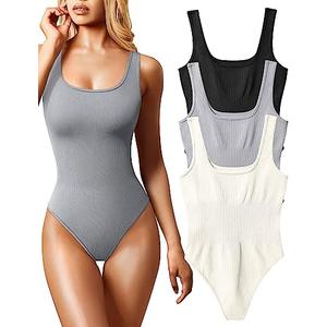 OQQ Women's 3 Piece Bodysuits Sexy Ribbed Sleeveless Square Neck Tank Tops Leotard 2025 Trendy Outfits Black Grey Beige Small