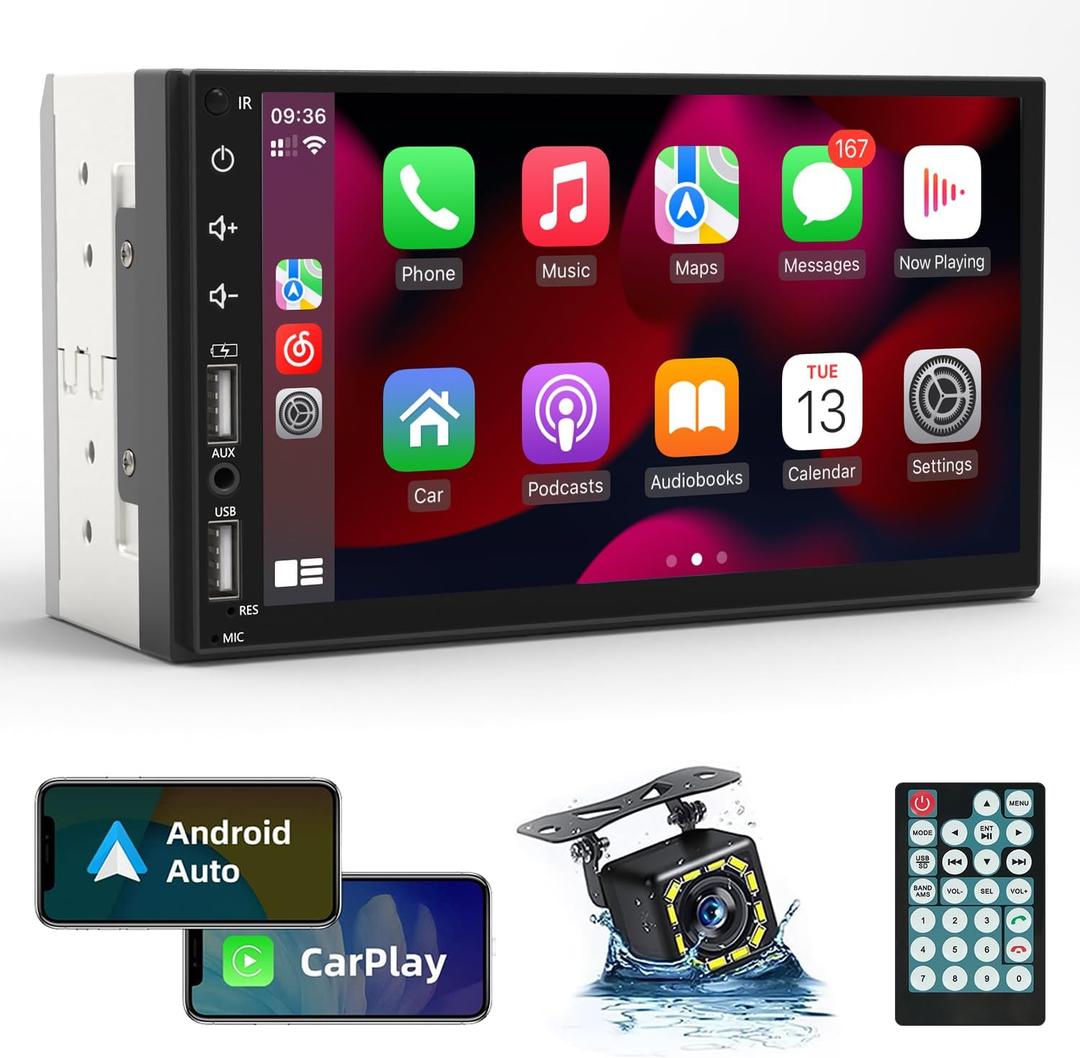 Leadfan Double Din Car Stereo Radio Support Apple Carplay&Android Auto, 7inch HD Touchscreen Double Din Radio with Bluetooth, Car Audio Receivers, Camera, MirrorLink, FM Radio, 2 USB/TF/AUX/Subwoofer