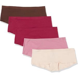 Amazon Essentials Women's Cotton Boyshort Underwear , Pack of 5 (Medium, Blush/Brown/Burgundy/Pink)