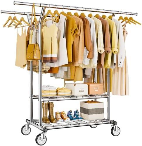 HYSEYY Heavy Duty Clothes Rack, Rolling Clothing Rack With Shelves Load 620 LBS, Double Rod Clothing Racks for Hanging Clothes, Portable& Adjustable Clothes Rack with Wheels Garment Rack