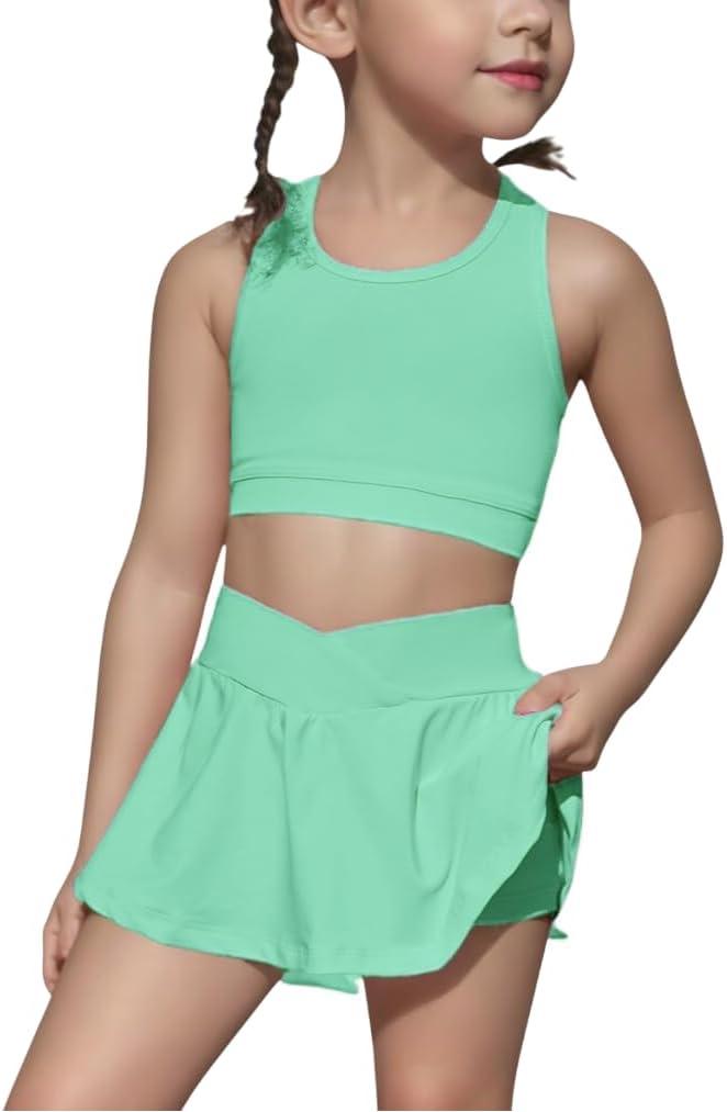 SOLY HUX Toddler Girl's 2 Piece Workout Outfits Lightweight Crop Tank Tops and Skort Athletic Set (Plain Mint Green) 7Y
