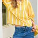 Tankaneo Womens Puff Sleeve Babydoll Tops Summer V Neck Striped Blouse Cute Casual Loose Fit Flowy Shirts (Yellow, L)