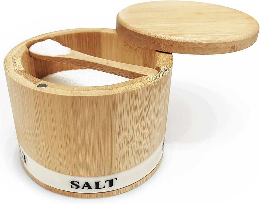 ThougrLyh Salt Box Bamboo Salt Container with Swivel Lid with Magnetic to Easily Open and Seal Salt Cellar With Spoon for Storing Salt Pepper Sugar Herbs Small Spice Box