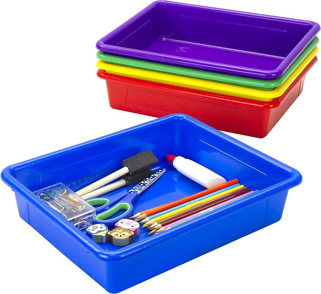Storex Letter Size Flat Storage Tray Organizer Bin for Classroom, Office and Home, Assorted Colors, 5-Pack (62514E05C)