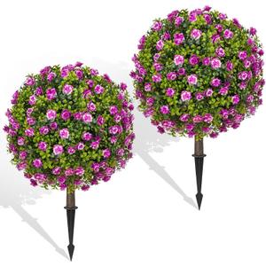 Artificial Purple Rose Topiary Ball Trees with Ground Spike Set of 2, Faux Boxwoods for Outdoor Planters, UV Resistant Artificial Outdoor Plants for Porch, Fake Bushes Round Shrub