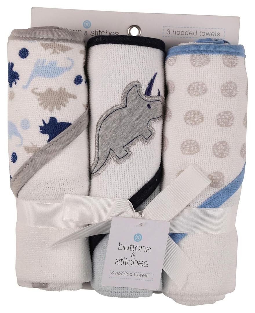 Cudlie Buttons and Stitches Baby Boys 3 Pack Infant Hooded Towel, Triceratops Prints (GS71365) (Dino)
