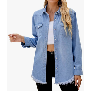 Womens Denim Shirts Frayed Raw Hem Collared Jean Shirts Trendy Long Sleeve Button Down Blouse with Pocket Streetwear, Size M