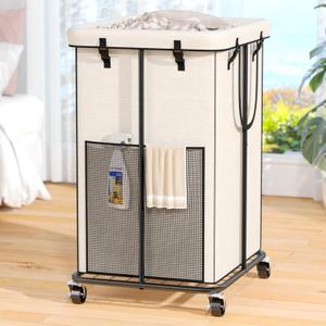 150L Laundry Hamper with Wheels, Rolling Laundry Basket with Metal Frame and Removable Bag, Large & Tall Dirty Clothes Hampers for Bedroom Aesthetic, Laundry Room, Bathroom, Dorm-White (40GAL)