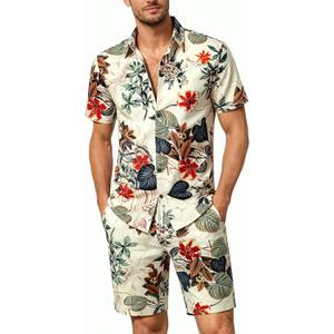 JOGAL Men's Flower Casual Button Down Short Sleeve Hawaiian Shirt Suits (S)