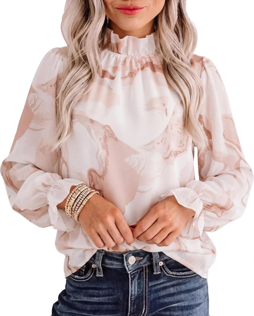 Cuffbow Women Floral Blouse Puff Long Sleeve Ruffle Shirt Mock Neck Chiffon Boho Top 2026 Trendy Pleated Dressy Casual Outfit (S) Brown (S)