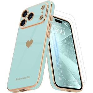 Teageo for iPhone 17 Pro Max Case with Screen Protector [2 Pack] Girl Women Cute Girly Love-Heart Luxury Gold Soft Cover Camera Protection Shockproof Phone Case for iPhone 17 Pro Max, Pearl Aqua