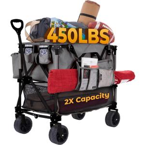400L Collapsible Folding Double Decker Beach Wagon |Heavy Duty Utility Cart Extender|Supports 450lbs|All-Terrain Big Wheels with Breaks for Sports Camping (Grey/Grey)