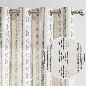Jinchan Boho Linen Blend Curtains for Living Room - Farmhouse Boho Design, Black & Beige Geometric Striped Mudcloth Grommet Curtains, 63 Inch Length, 2 Panels