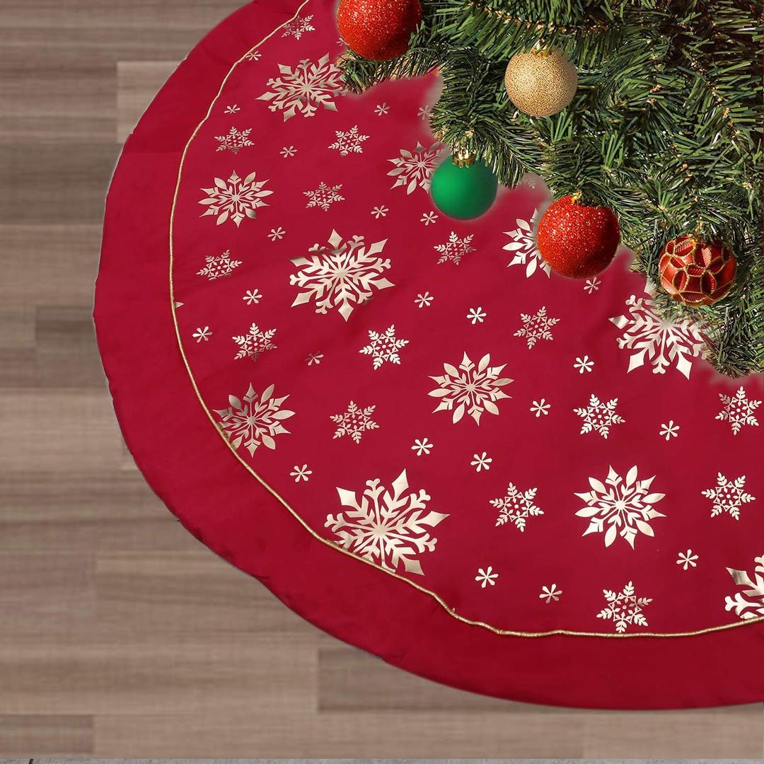 Flash World 48 Inch Large Christmas Tree Skirt Xmas Soft Cover Mat Decor Snowflake Collar Farmhouse Tree Skirt for Holiday Ornaments Party Home Indoor Decorations (RedThree Cotton Layer, 48INCH)