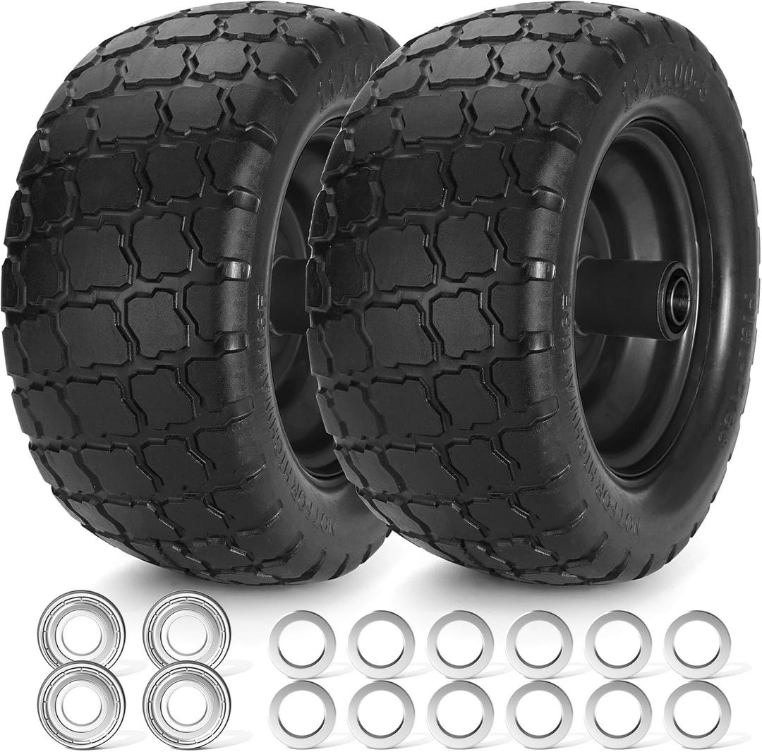 11x6.00-5 Lawn Mower Tires Flat Free, Zero Turn Mower Front Tires, 11x6-5 Solid Mower Wheel for Residential and Commercial, 3/4" and 5/8" Bearing, 6"- 8" Center Hub, Load 400lbs, 2Pk Black