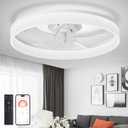 DLLT Modern Ceiling Fans with Lights: 20" Flush Mount Low Profile Ceiling Fan with APP Remote Control - White LED Bladeless Fandelier Dimmable Quiet DC Motor for Bedroom Living Room