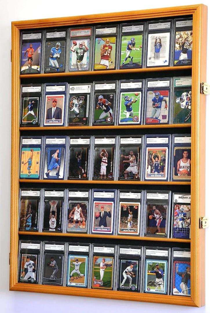 Graded Trading Card Display Case 35 Sport Baseball Football Oak Wood USA Cabinet