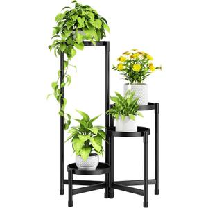 Folding Plant Stand Indoor Outdoor with Metal Tray, 4 Tiered Corner Flower Holder Shelf Metal Orchid Display Rack for Patio Porch Living Room Garden Balcony, Modern Black