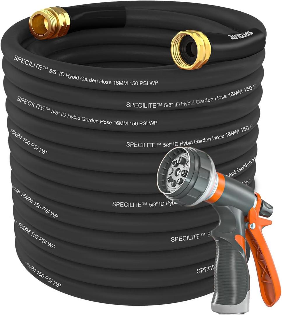 SPECILITE Garden Water Hose 200 ft x 5/8 in Heavy Duty, Flexible and Lightweight, Burst 600 psi, Kink-less Hybrid Rubber Pipe for Backyard, 3/4'' Brass Fittings, Black