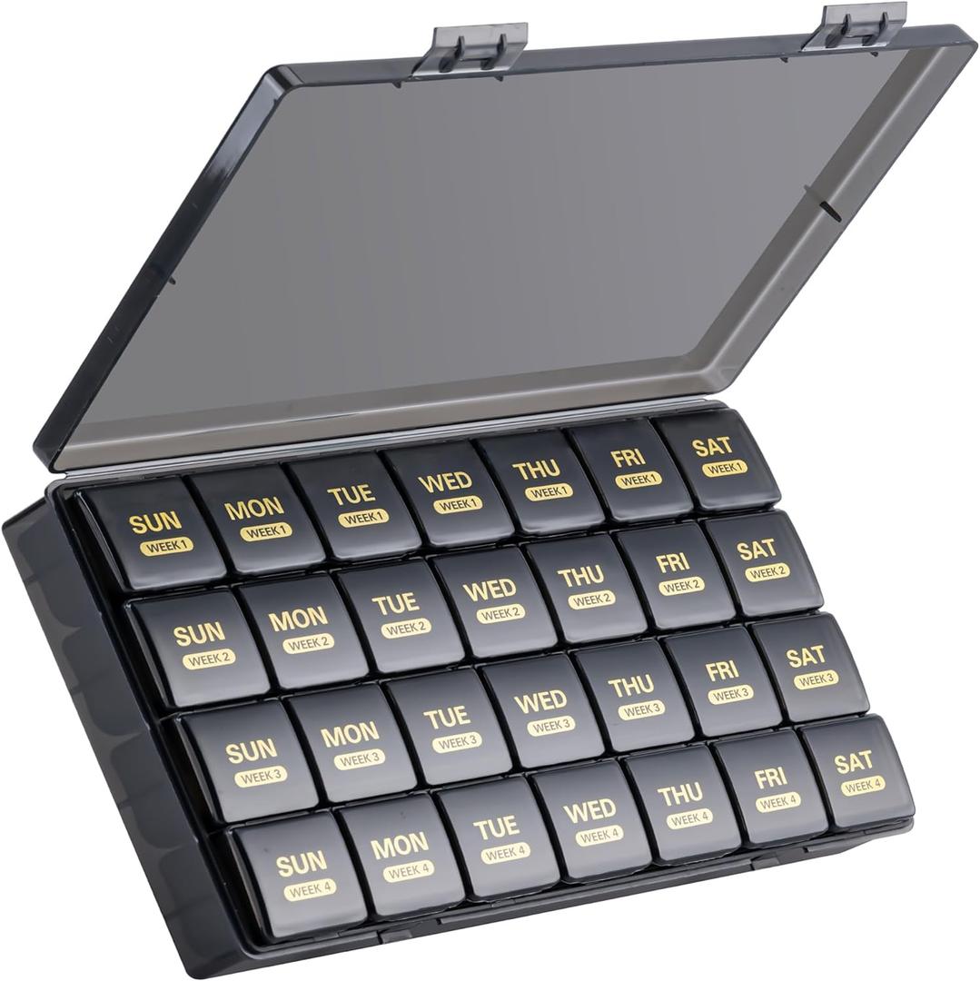 Monthly Pill Organizer, 28 Day Pill Box 1 Time a Day with Dust-Proof Case, Large 4 Weeks a Month Pill Case Container, Daily Vitamin Case Box for Pills/Medicine/Fish Oil/SupplementsBlack