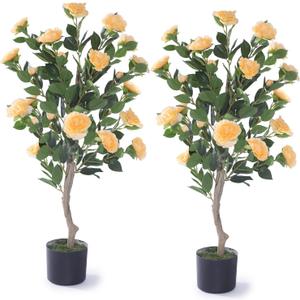2 Pack 40" Artificial Camellia Tree with Vibrant Yellow Flowers Faux Flower Tree Plant in Pot Fake Topiaries