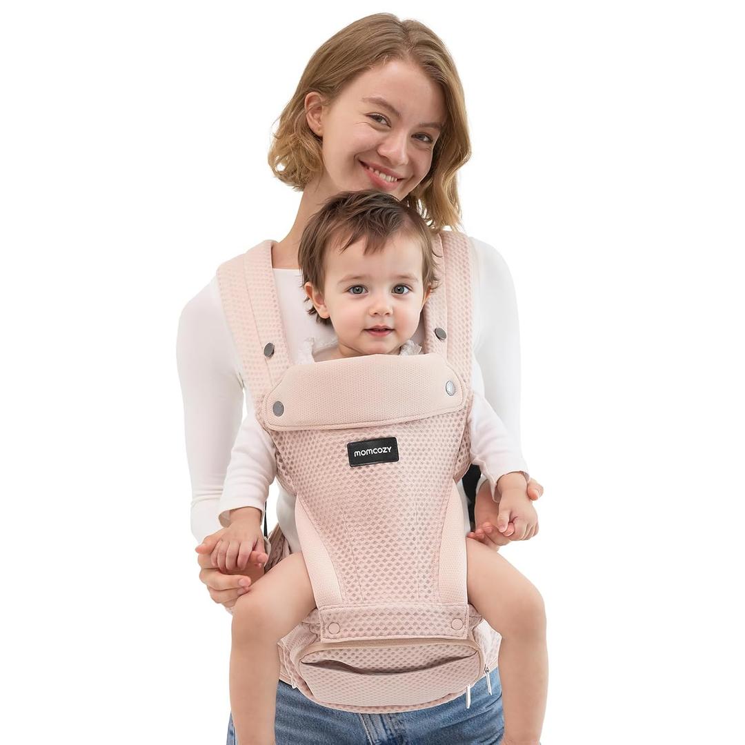 Momcozy Baby Carrier with Hip Seat, 2-in-1 Detachable Hands-Free Carrier for Long Walks, Forward-Facing Carry up to 44lbs, Breathable Infant Carrier, Fits Waists up to 45 Inches, AirMesh Pink