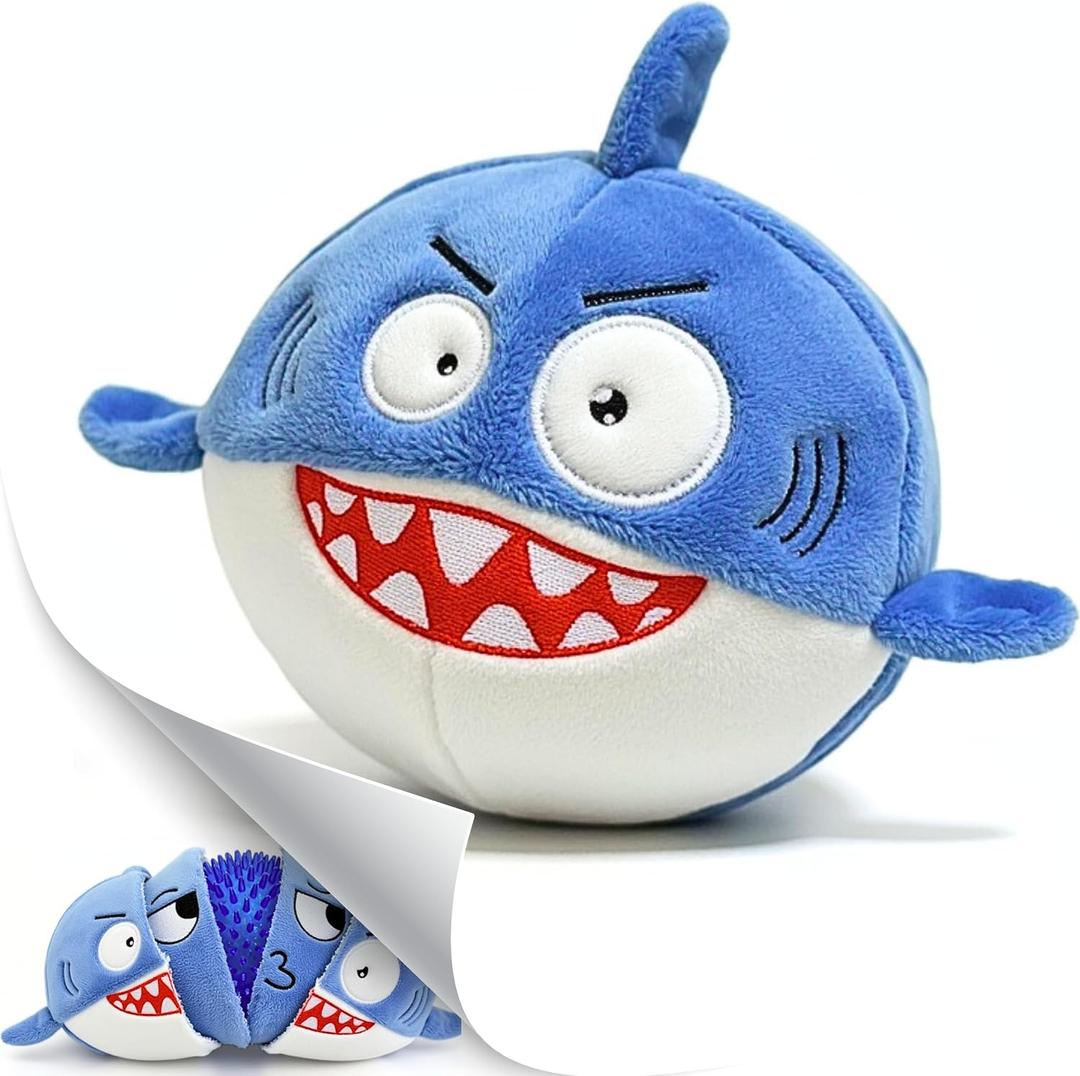 3 in 1 Squeaky Soft Plush Durable Dog Chew Toy for Aggressive Chewers, No Stuffing Interactive Tough Rip & Reveal Crinkle Blue Shark Ball in Gift Box, Puppy, Small & Large Breed Pets Birthday Present