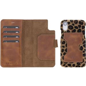 Venito Florence Leather Wallet Phone Case Compatible with iPhone XR - Extra Secure with RFID Blocking - Detachable Phone Wallet - Furry Leopard