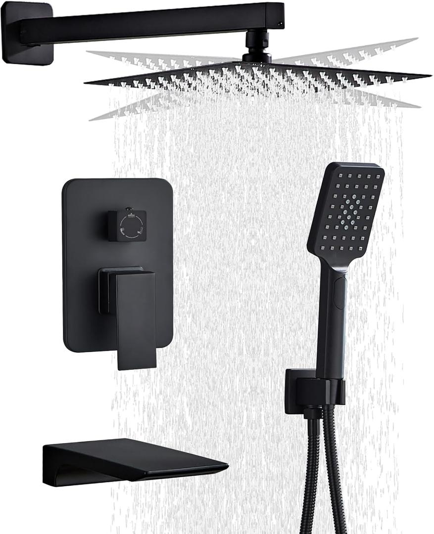 Rainfall Shower System Matte Black with High Pressure 8 inch Shower Head Hand Held Square Shower Head Bathroom Luxury Rain Mixer Shower Complete Combo Set Wall Mounted (Black)