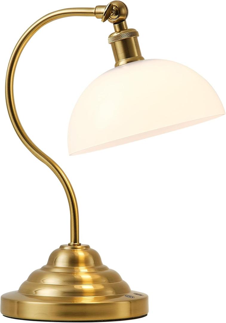 KARTOOSH Cordless LED Table Lamp, 180 Swing Arm Desk Lamp, Battery Operated,Dimmable/3 Color, Vintage Rechargeable Table Light for Living Room,Bedroom,Bedside, White Shade, Brass