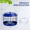 Gbekery Caged Bluebird Feeder for Mealworms with Glass Bowl, Squirrel Proof Bird Feeder for Small Birds Only, Detachable Hook, Large Space, Outdoors Weatherproof, Metal, Blue