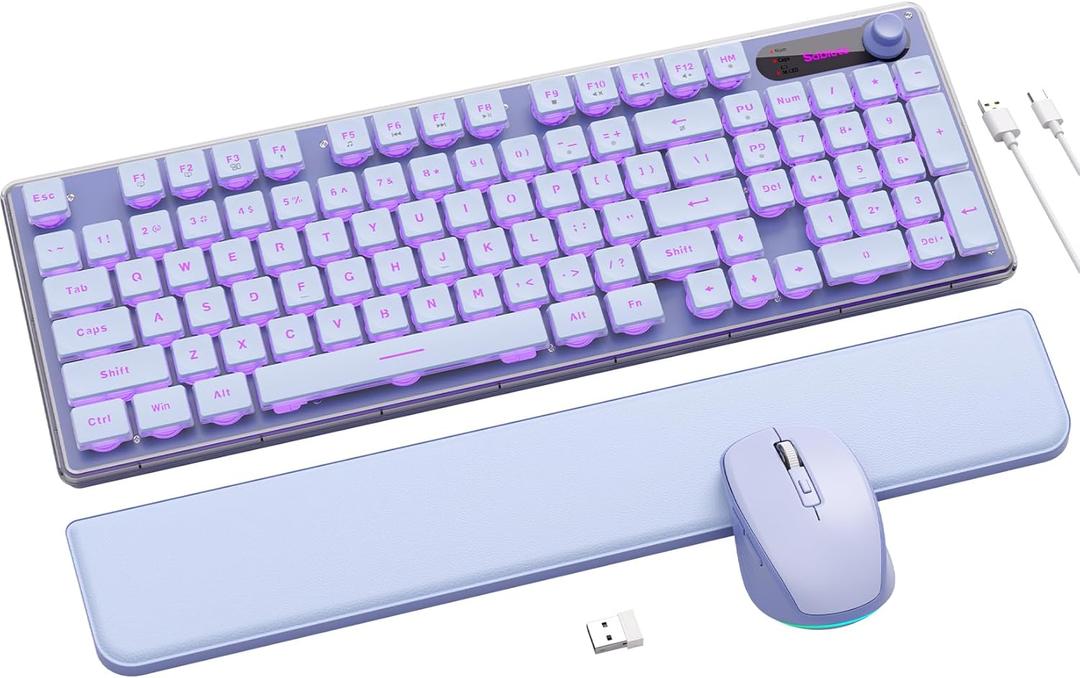 Wireless Keyboard and Mouse Combo - 9 Backlit Effects, Wrist Rest, Double-Shot Keycaps, Metal Panel, Long-Lasting Rechargeable, 2.4G Keyboard Mouse Set for Windows Mac PC Laptop Sablute (Purple)