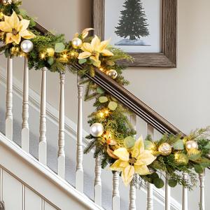 Alupssuc 6FT Prelit Christmas Garland with Lights,Multi-Color Lights Battery Operated with Timer,Decorated with Christmas Balls and Flower for Mantle Stairs Railing Indoor and Outdoor, Gold