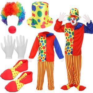 Funtery 7 Pcs Clown Costumes Set Includes Shoes, Nose, Hat, Wig, Gloves for Adults Halloween Clown Costumes (Medium)