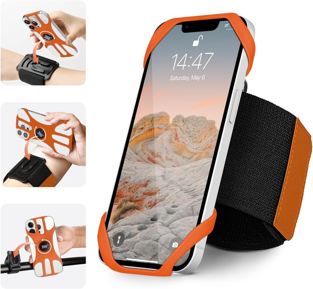 3in1 Phone Holder for Running,Arm Band/Wrist Holder/Bike Mount,Phone Armbands 360 Rotation & Detachable Fit All 4.5-7" Phone for iPhone 17/16/15/Pro/14/13/12/mini/Pro Max/XS/XR (Orange)