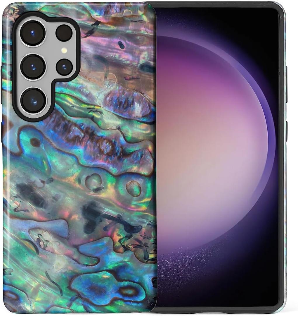Compatible with Samsung Galaxy S25 Ultra Case - Dual-Layer Protection, Hard Shell with Silicone Interior,Slim Scratch Resistant Shockproof for Woman Men - Blue Abalone Mollusk Shell Patten