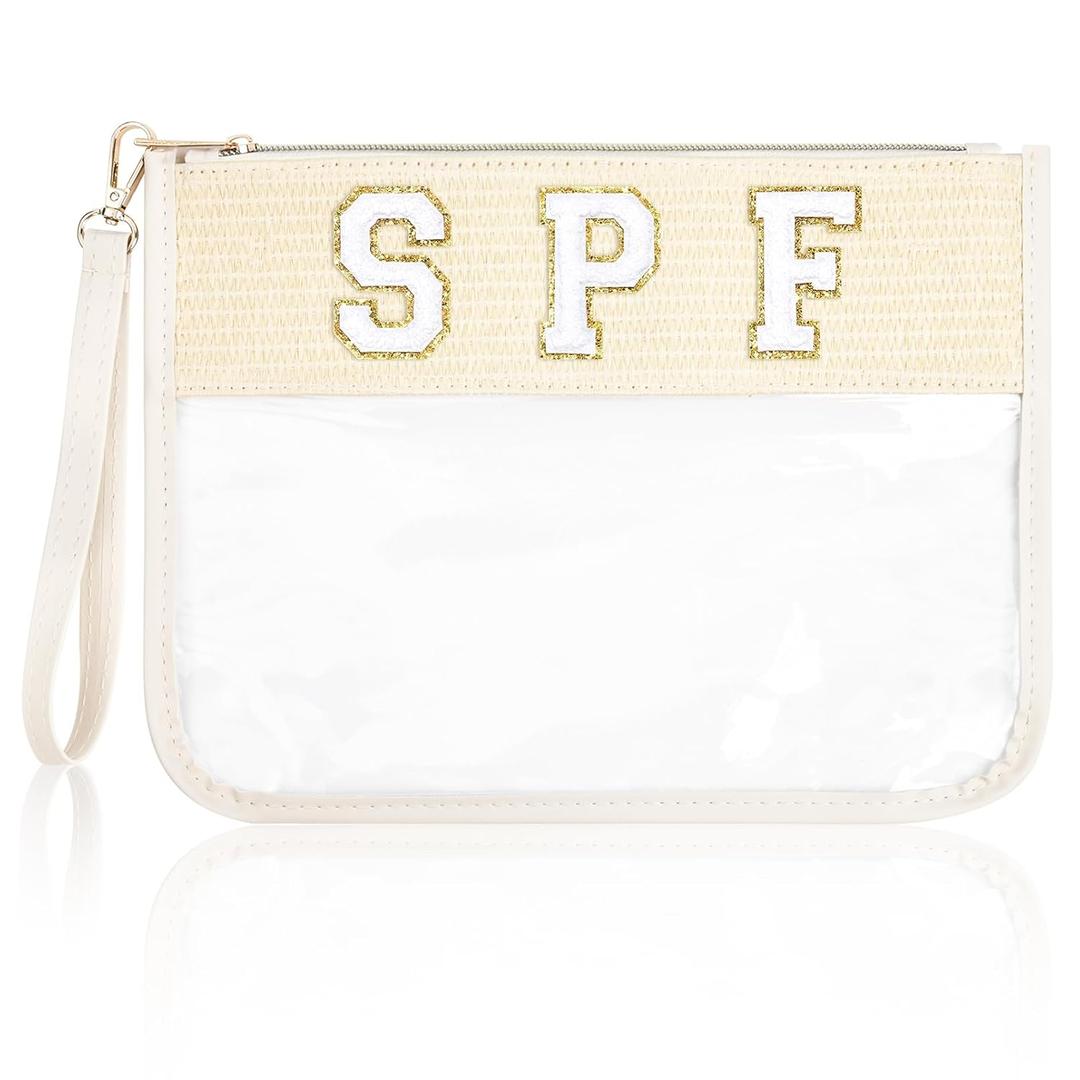 SOIDRAM SPF Bag Sunscreen Makeup Bag Chenille Letter Pouch Clear Travel Zipper Nylon Cosmetic SPF Pouch Organizer Sunscreen Toiletry Waterproof Summer Travel Gifts for Women