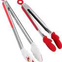 Kitchen Tongs, Premium Stainless Steel, Food-Grade Silicone Tips with Christmas Design, Heat Resistant 500F, 2-Piece Set (9'' and 12'')